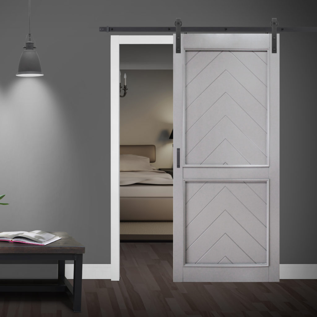 Close up of closed wooden door in the empty room with copy space
