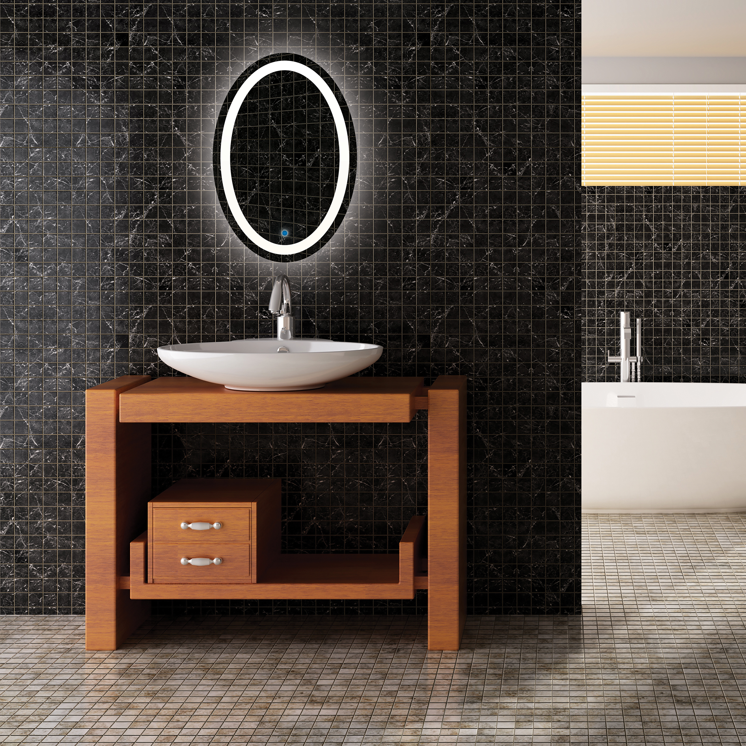 Florence Oval Backlit Mirror Florence 21" x 31" Oval Backlit Mirror in dark modern bathroom