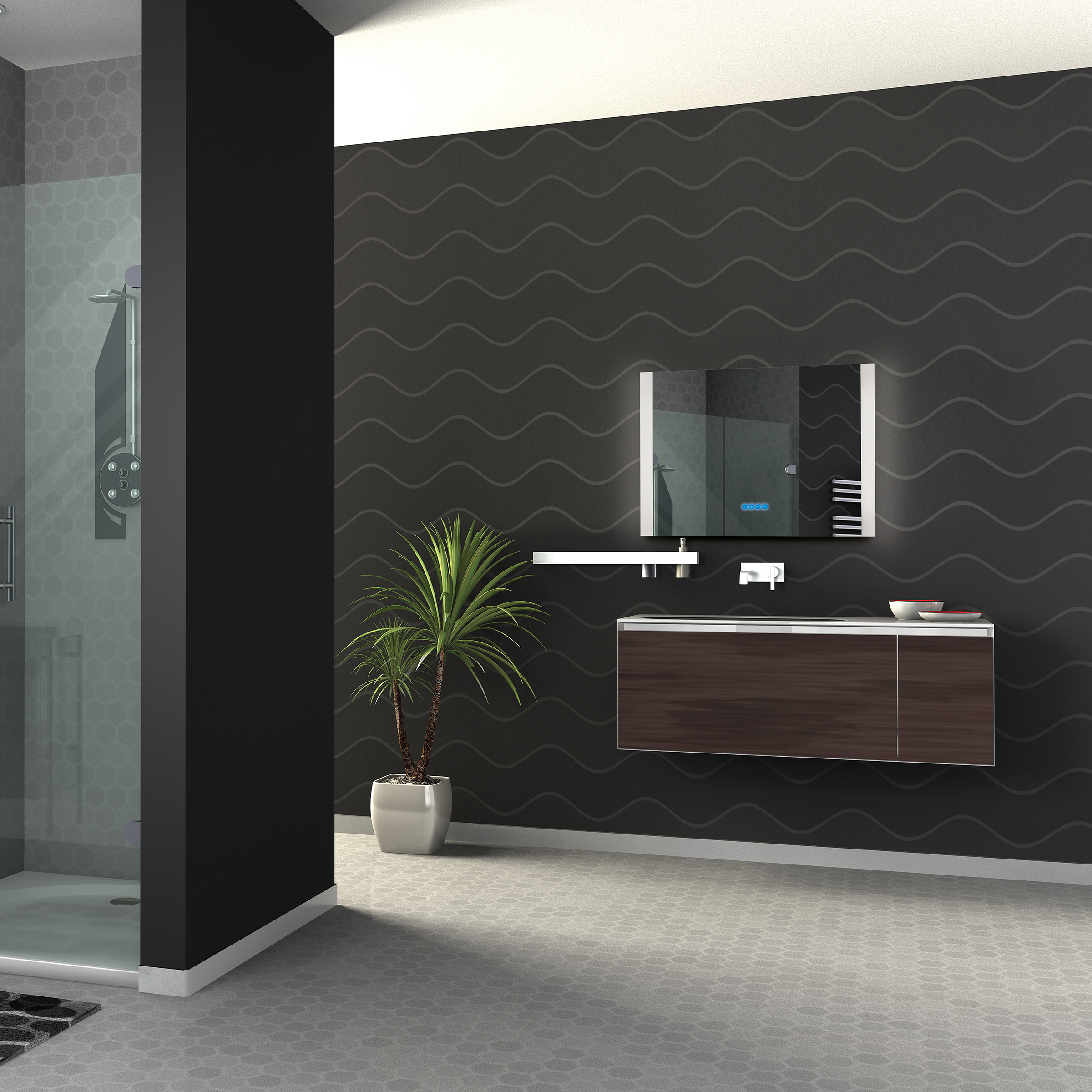 Symphony Backlit Rectangular Mirror Symphony 32" x 24” Backlit Rectangular Mirror in dark modern bathroom