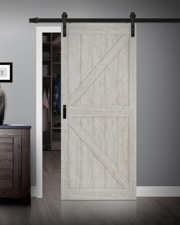 Close up of closed wooden door in the empty room with copy space