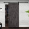 Close up of closed wooden door in the empty room with copy space
