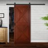 Close up of closed wooden door in the empty room with copy space