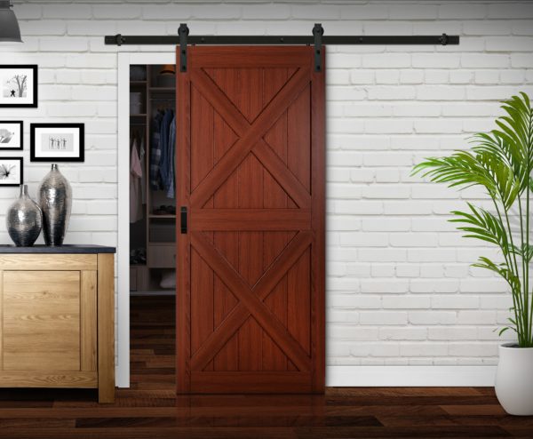 Close up of closed wooden door in the empty room with copy space