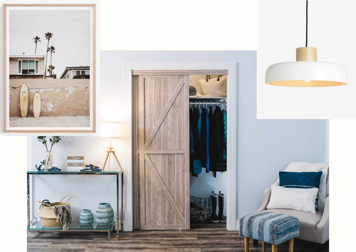 Trident closet door designer tip Collage of three images. Main image is wood K design sliding closet door in a rustic bedroom. Next image is a large picture frame with a beach image. Final image is a modern white hanging light.
