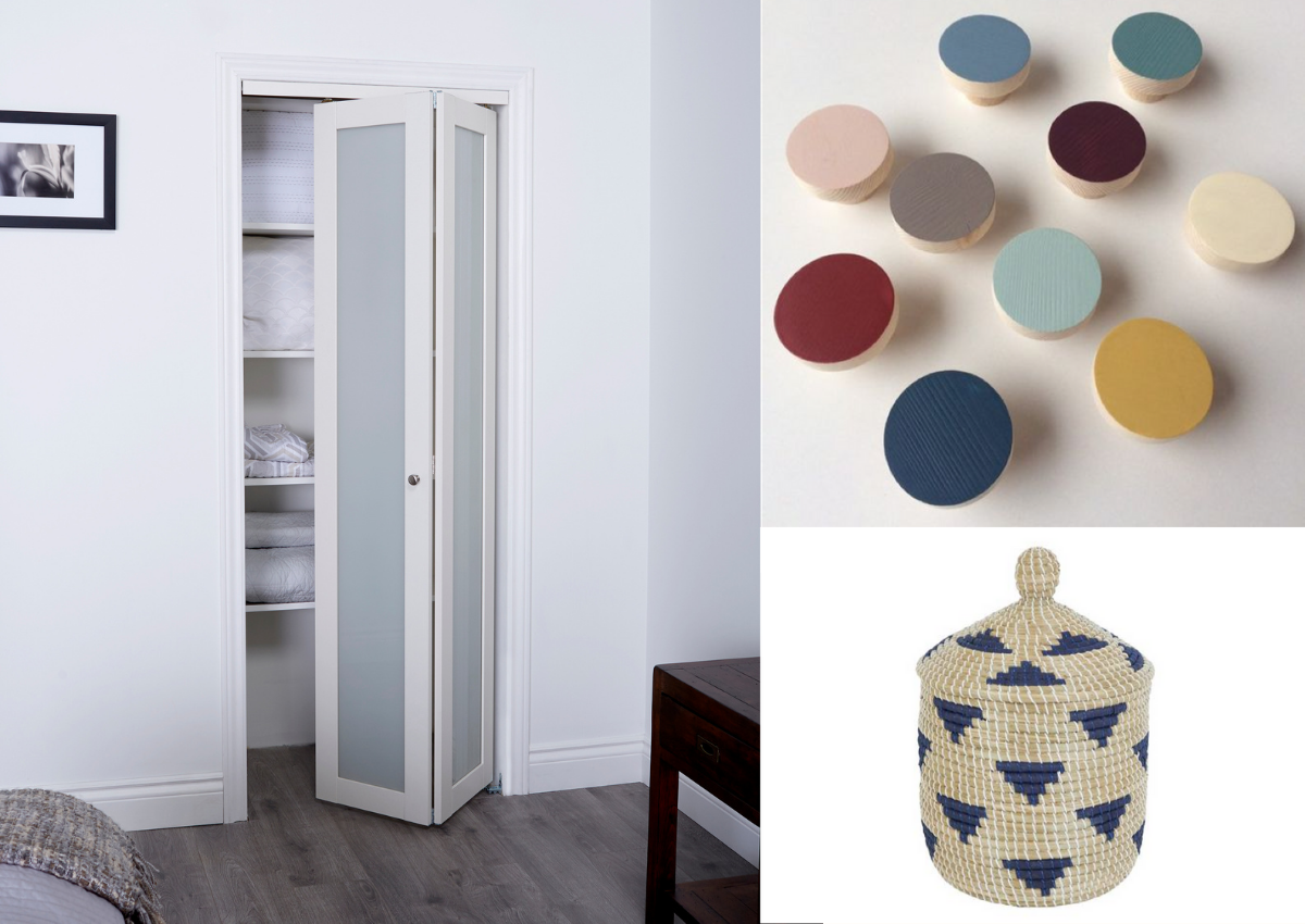 Euro 1-Lite Bifold Closet Door Collage of white Bifold bedroom Closet Door, colourful circular drawer nobs on a white background and a blue and beige fabric basket on a white background.