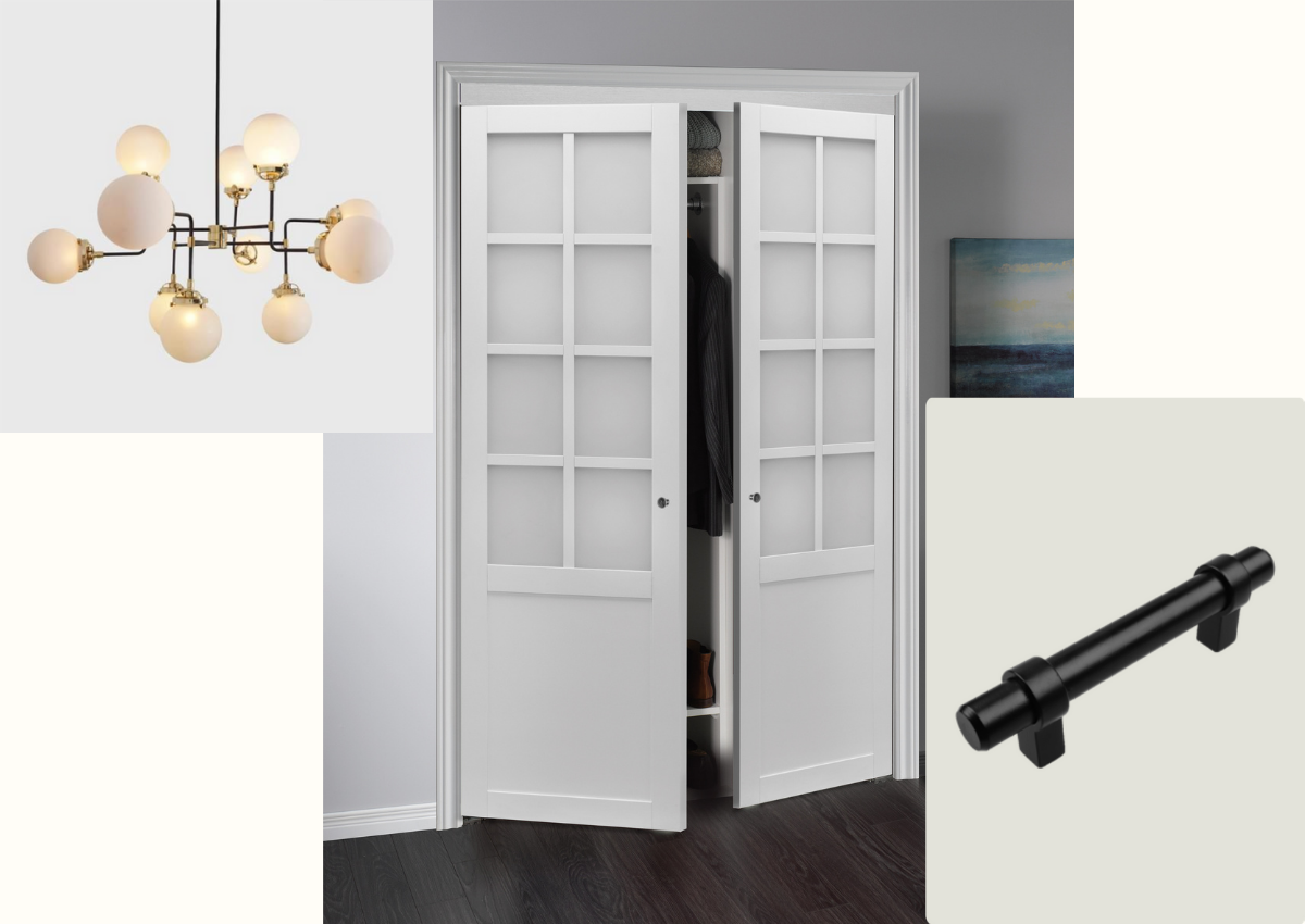 Provincial 8-Lite Pivot Closet Door Collage of modern white chandler, White pivot closet doors and black barn door hardware.