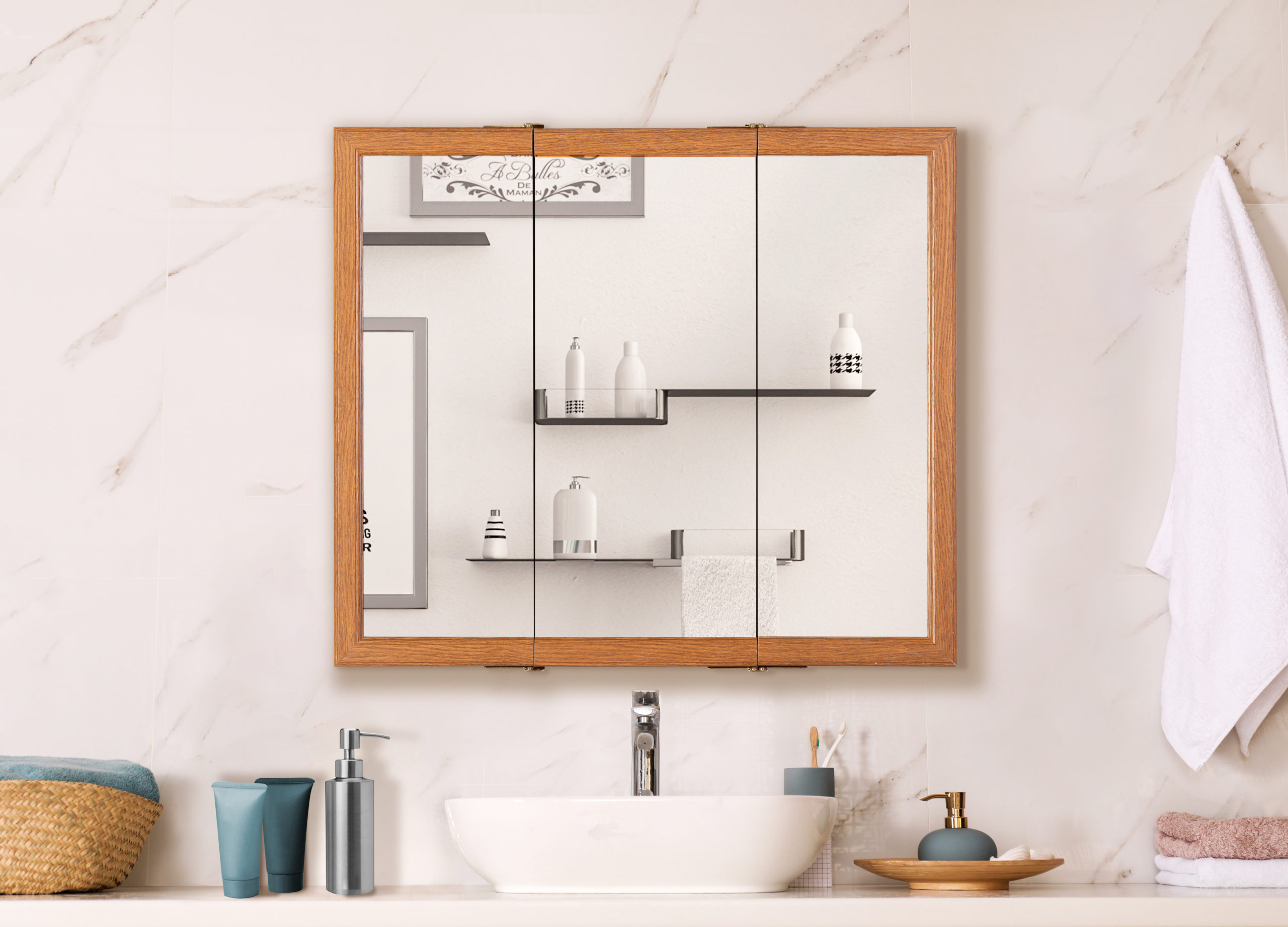 Kingswood Surface Mount Tri-View Mirror Medicine Cabinet Kingswood 30" x 26" Surface Mount Tri-View Mirror Medicine Cabinet in a neutral bathroom