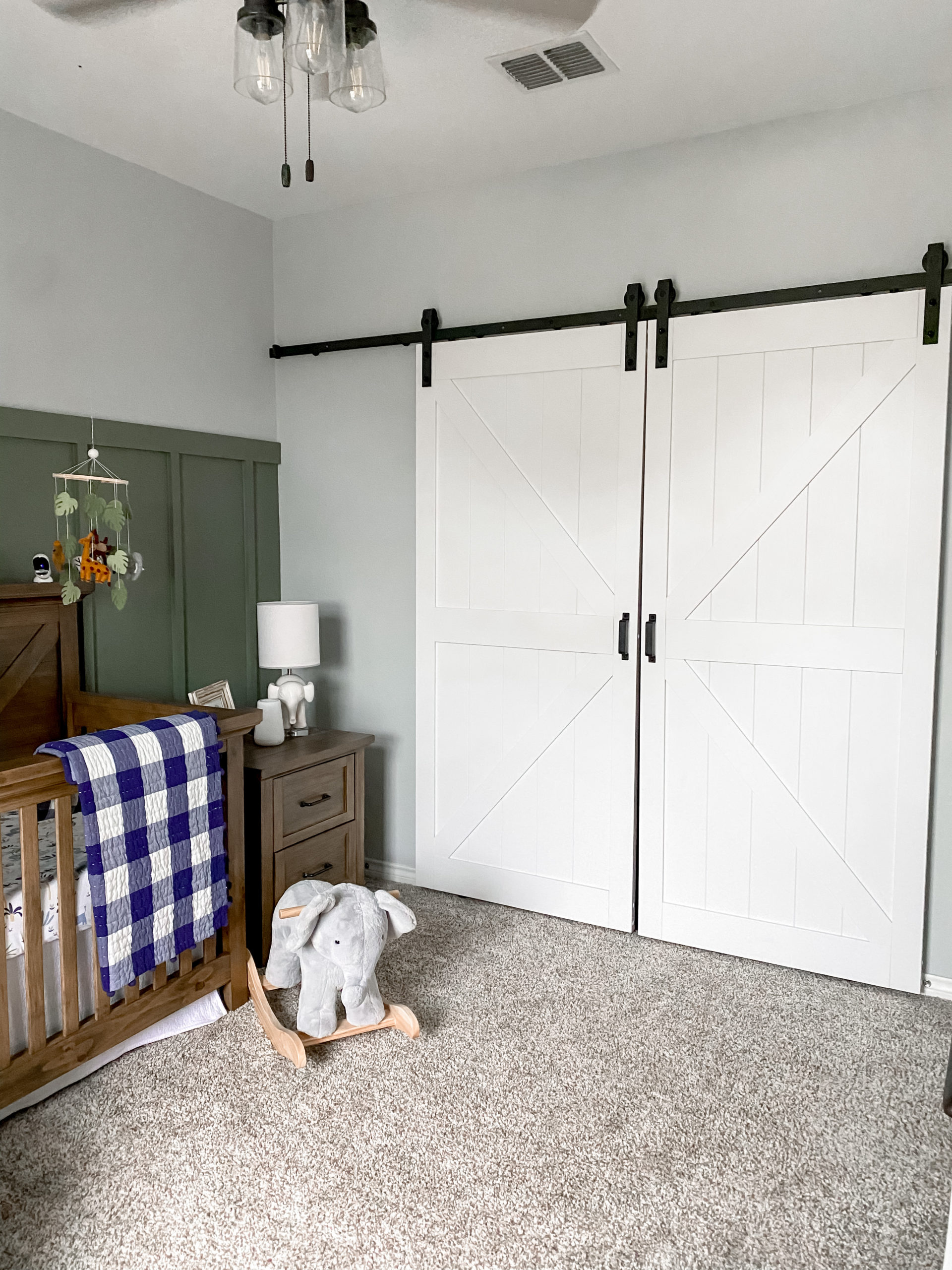 BD052_Easy-Build Stone K_Bright White_nursery Jungle Themed Nursery by Makenna (@somutschlove on Instagram) Featuring Our Easy Build Stone K-Design Biparting White Barn Doors