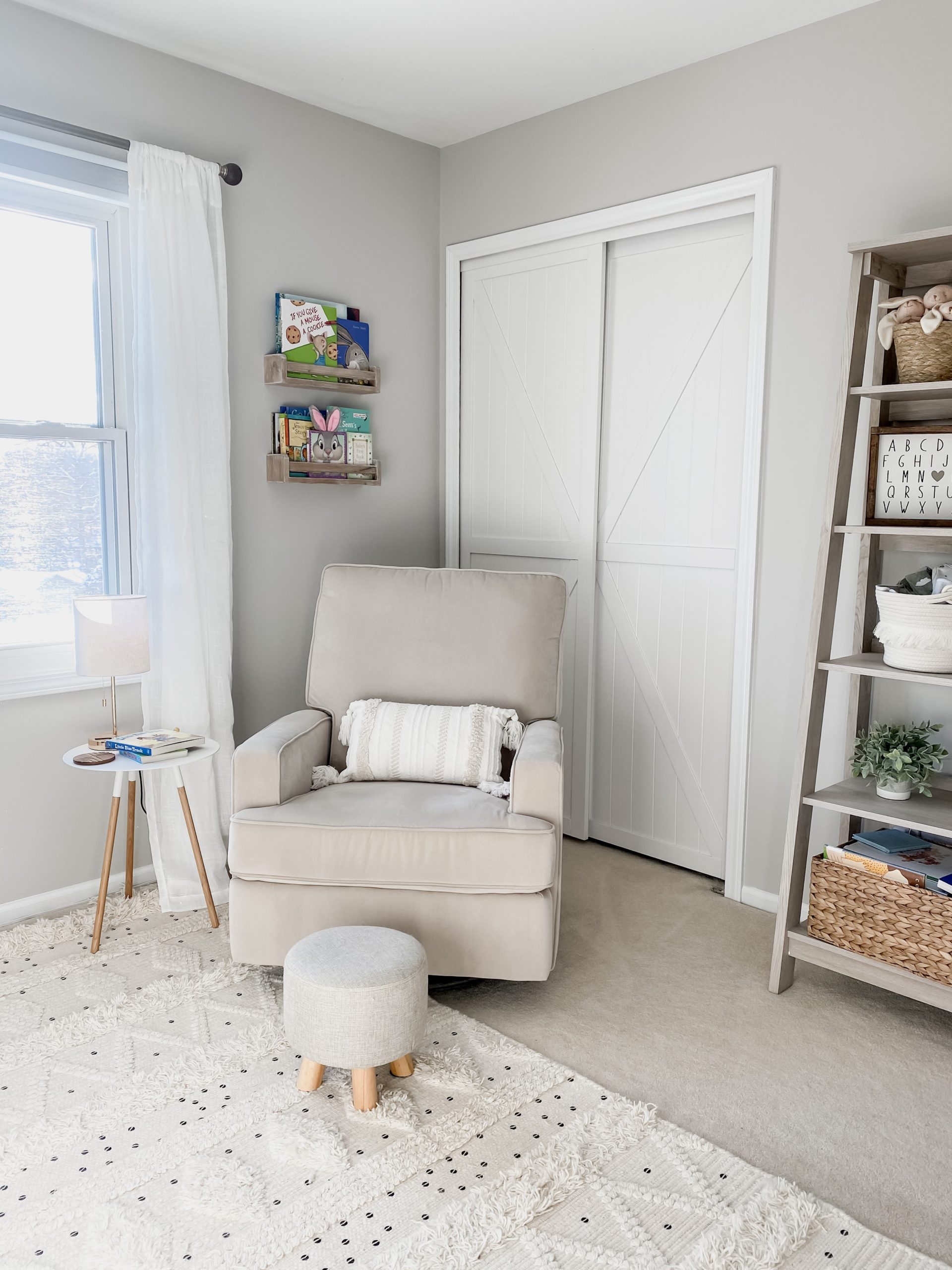 EU3295_Trident Pure White Closet Doors_nursery Nursery Corner by Amanda (@comestayawhile on Instagram) Using Our Trident Double K-Design White Bypass Closet Door